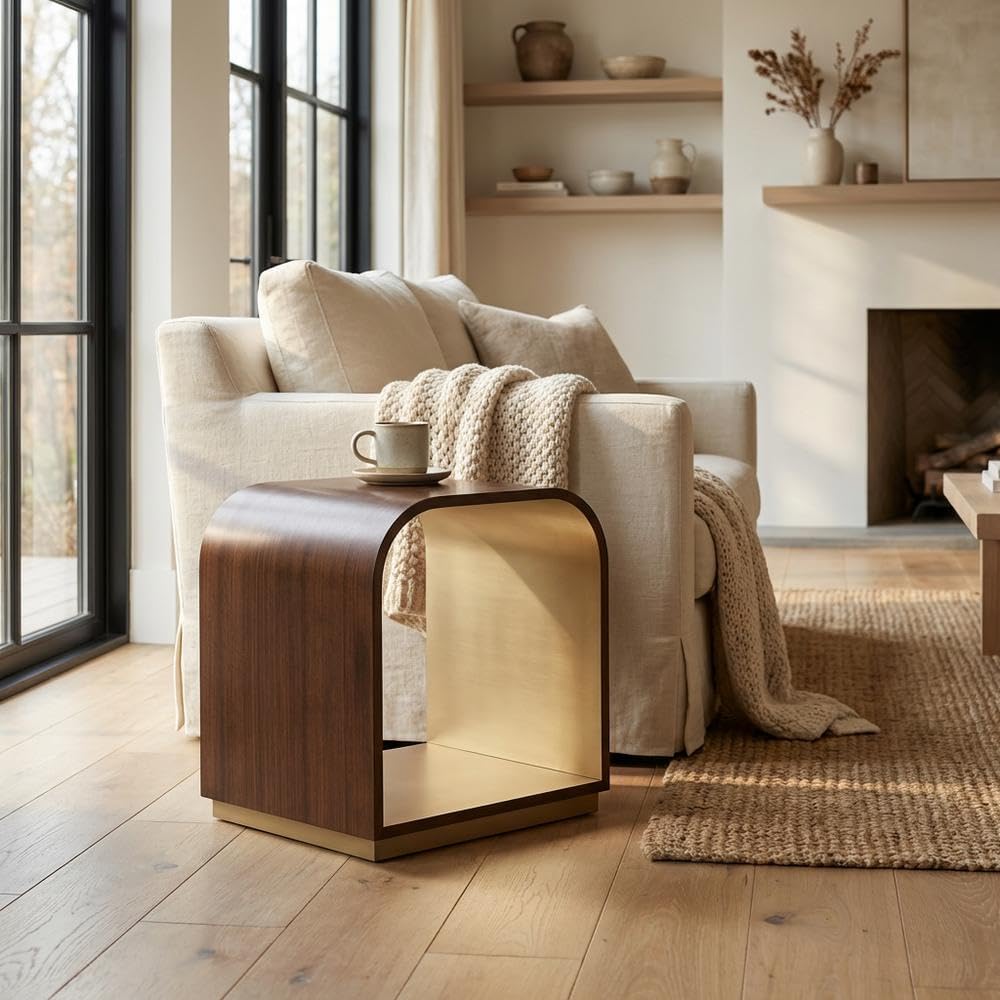 Michael Amini Houston Brown Walnut End Table Solid and Manufactured Wood Birch Wood Species Single Piece Sturdy Contemporary Accent Furniture for Living Room