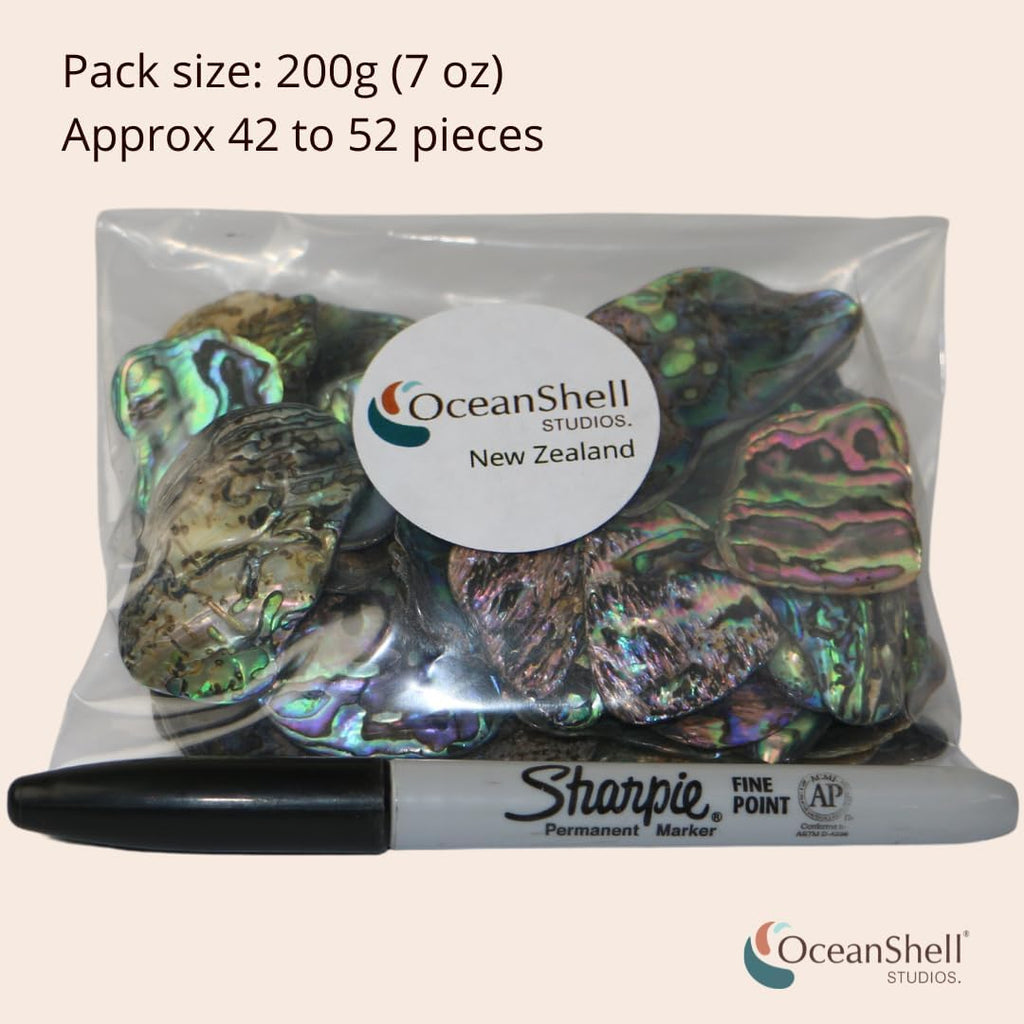 Abalone (Pāua) Shell Pieces-7.05oz Pack-for Crafts, Jewelry Making, Resin Art, Inlay, Home Decorations, Fishtank Supplies, DIY Projects - Satin, Medium Medium Size 1"- 1.58" 7.05oz (200grams)