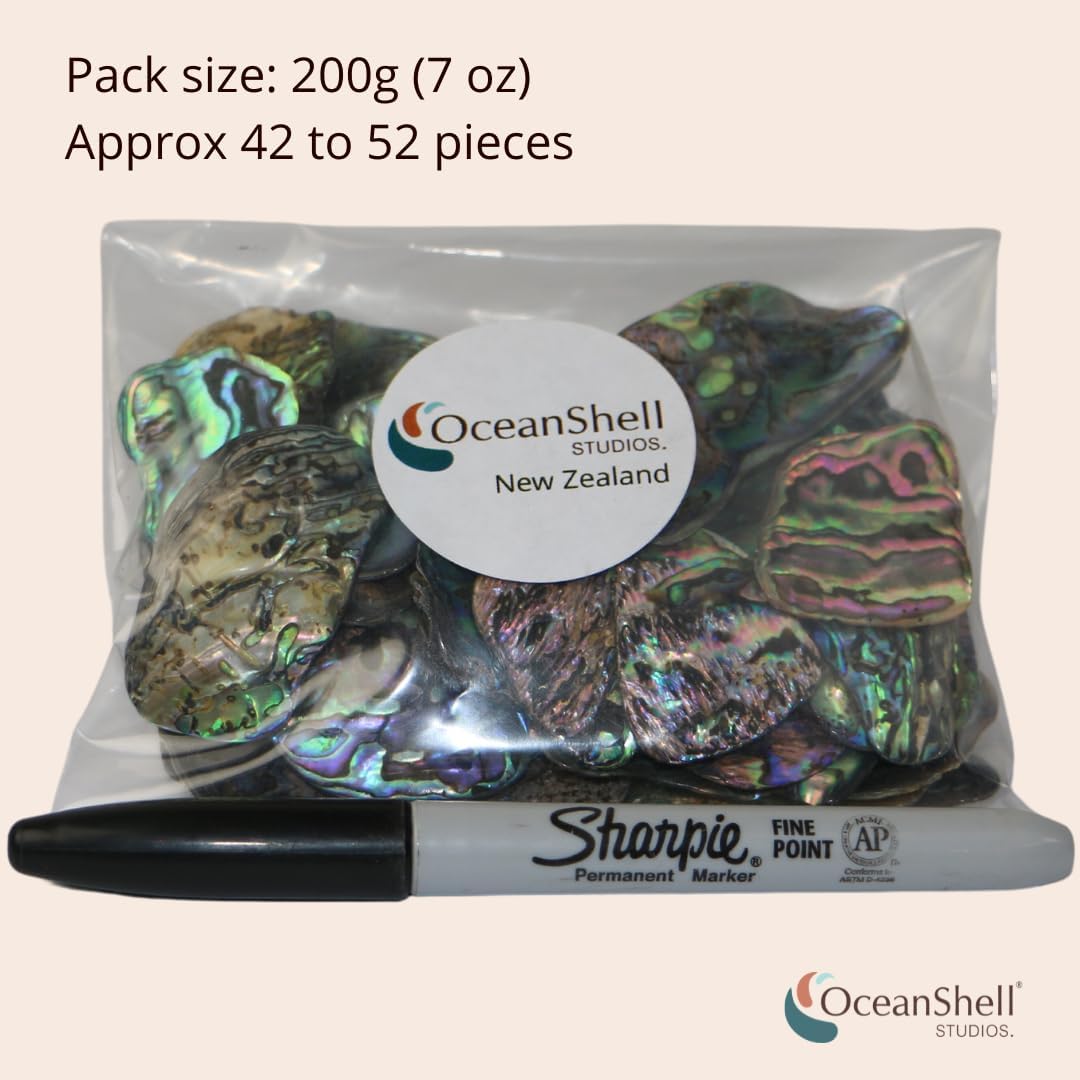 Abalone (Pāua) Shell Pieces-7.05oz Pack-for Crafts, Jewelry Making, Resin Art, Inlay, Home Decorations, Fishtank Supplies, DIY Projects - Satin, Medium Medium Size 1"- 1.58" 7.05oz (200grams)