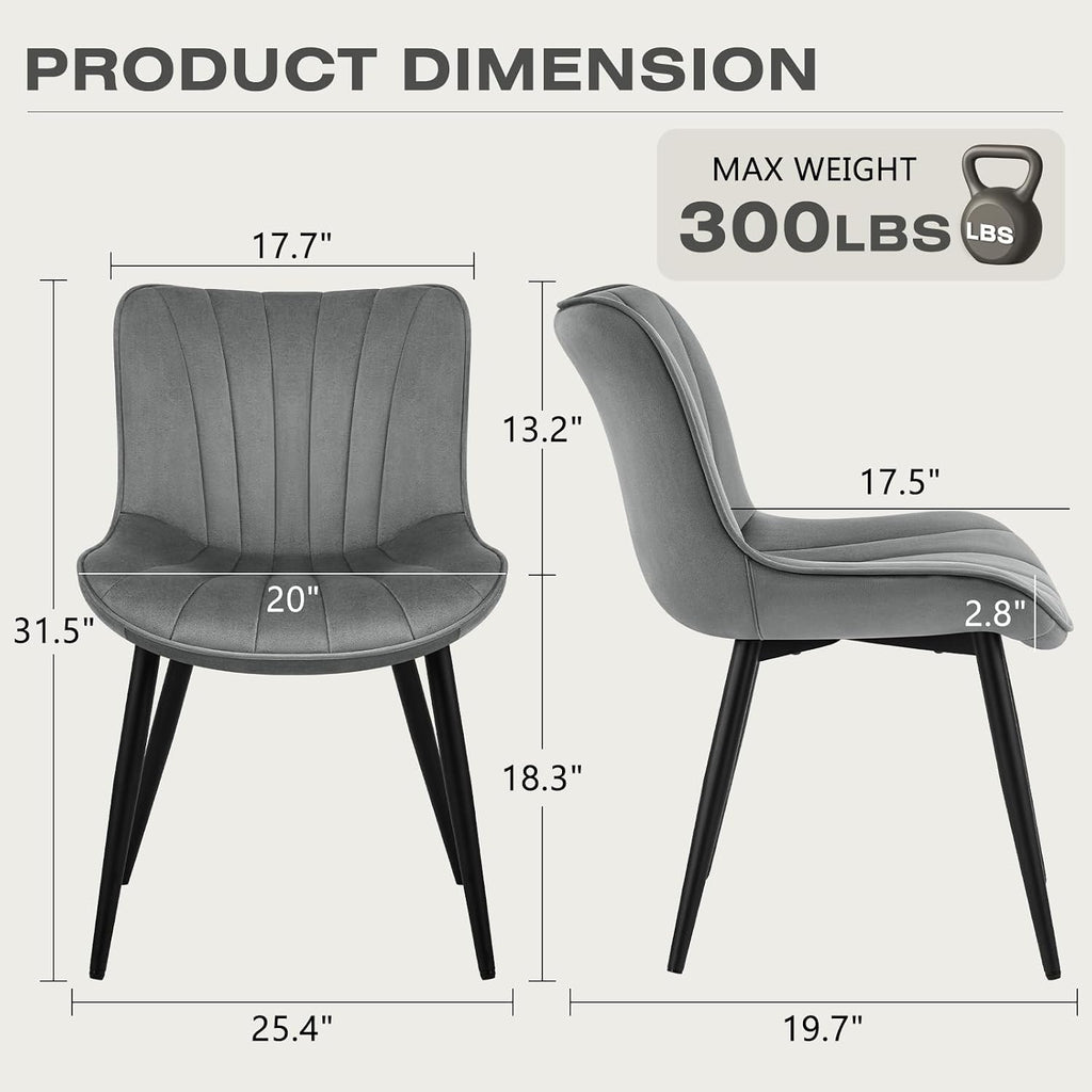 Velvet Dining Chairs Set of 2, Modern Upholstered Kitchen and Dining Room Chair with Ergonomic Back, Mid Century Armless Accent Side Chair with Metal Legs for Vanity Living Room Reception, Grey