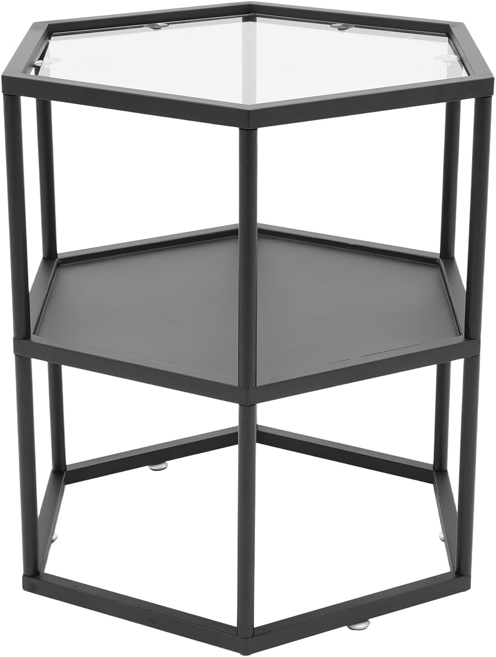 Side Table, Modern Coffee Tables with 2-Tier Storage with Metal Frame, Hexagon Glass Center Table for Living Room Bedroom Office Apartments Decor