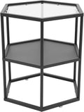 Side Table, Modern Coffee Tables with 2-Tier Storage with Metal Frame, Hexagon Glass Center Table for Living Room Bedroom Office Apartments Decor