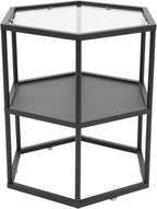 Side Table, Modern Coffee Tables with 2-Tier Storage with Metal Frame, Hexagon Glass Center Table for Living Room Bedroom Office Apartments Decor