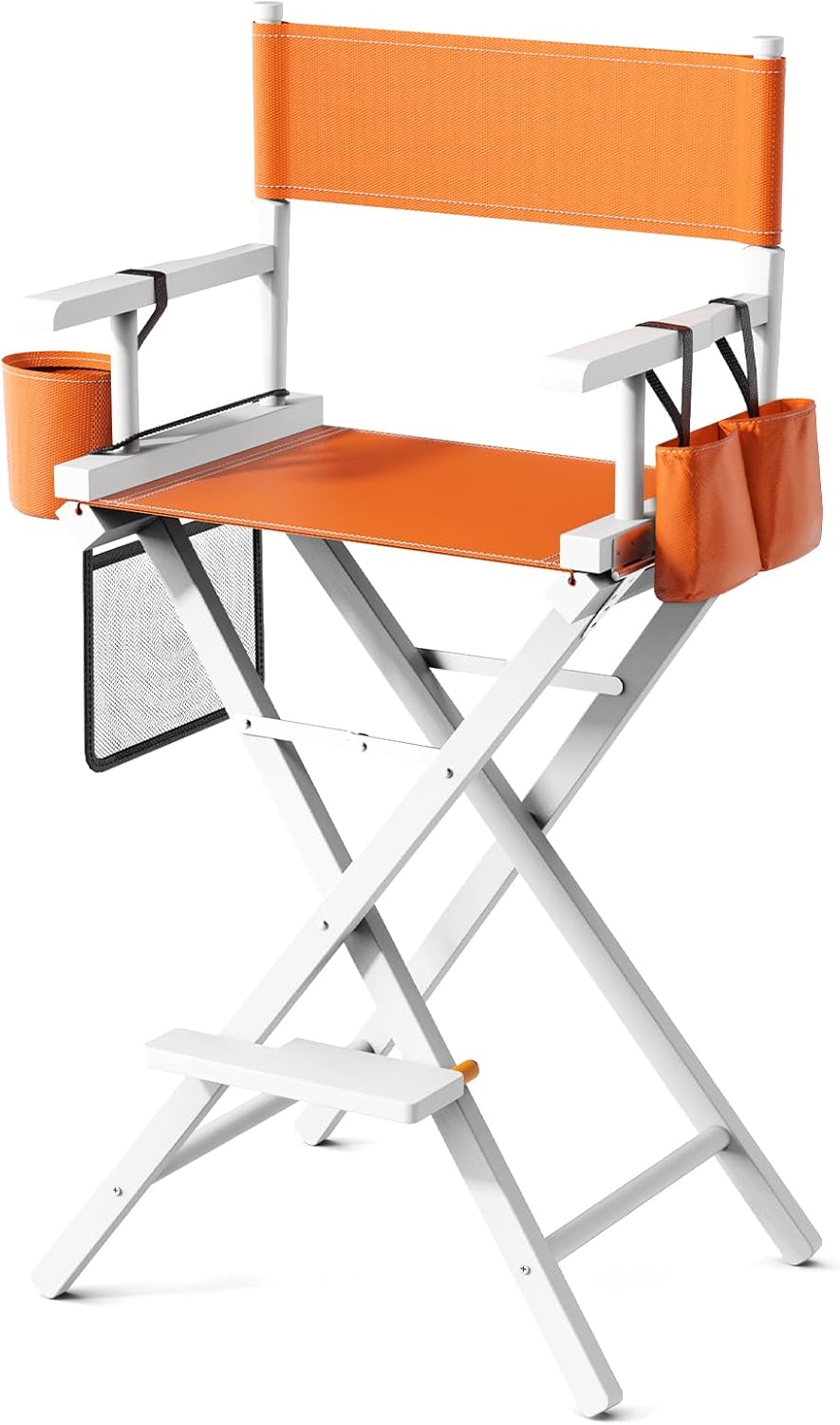 OmySalon Director's Chair 31" Height Folding Portable w/Storage Pouch & Footrest, Makeup Artist Chair for Salon, Events, Mobile, 250lb Capacity, White Wood Frame & Orange Canvas Seat