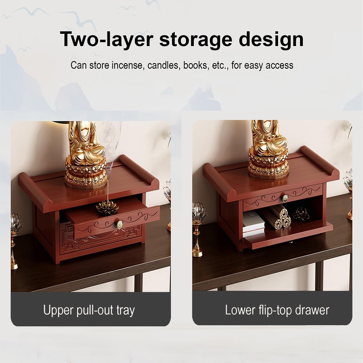 Personal Shrine Desk, Solid Bamboo Buddha Altar Cabinet with Storage, Prayer Meditation Table for Living Room, Bedroom, Office(15.7 * 11.8 * 7.5in)