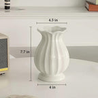 White Vase, Modern Ceramic Flower Vase for Home Décor, Wavy Edge Ribbed Design Pedestal Vases, Minimalism Flared Vases for Living Room Table Centerpieces (7.5" H x 4.5" W)