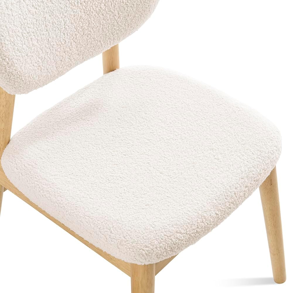 Wooden Dining Chairs Set of 4, Farmhouse Boucle Upholstered Kitchen Chairs, White