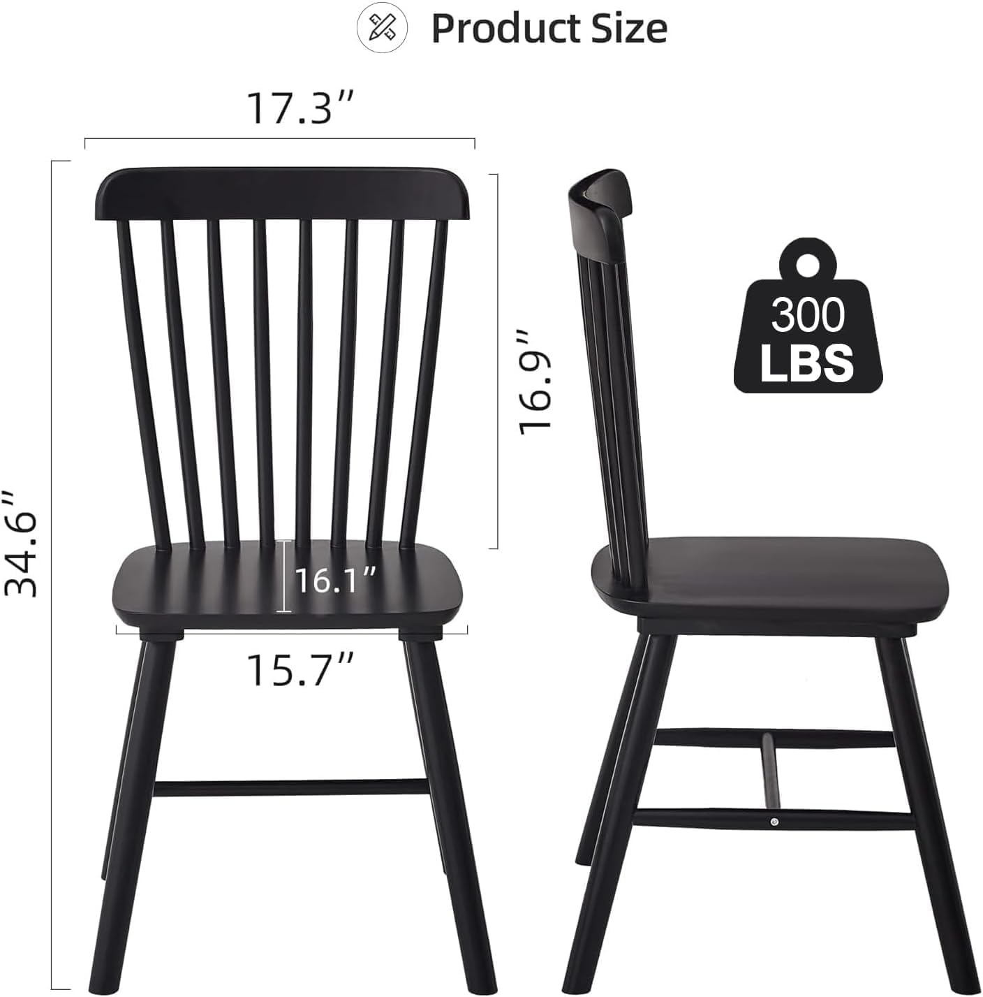 Black Windsor Dining Chairs Set of 6, Solid Wooden Dining Chairs, Spindle Back Dining Room Chairs, Modern Farmhouse Kitchen Chairs for Living Room, Restaurant, Cafe