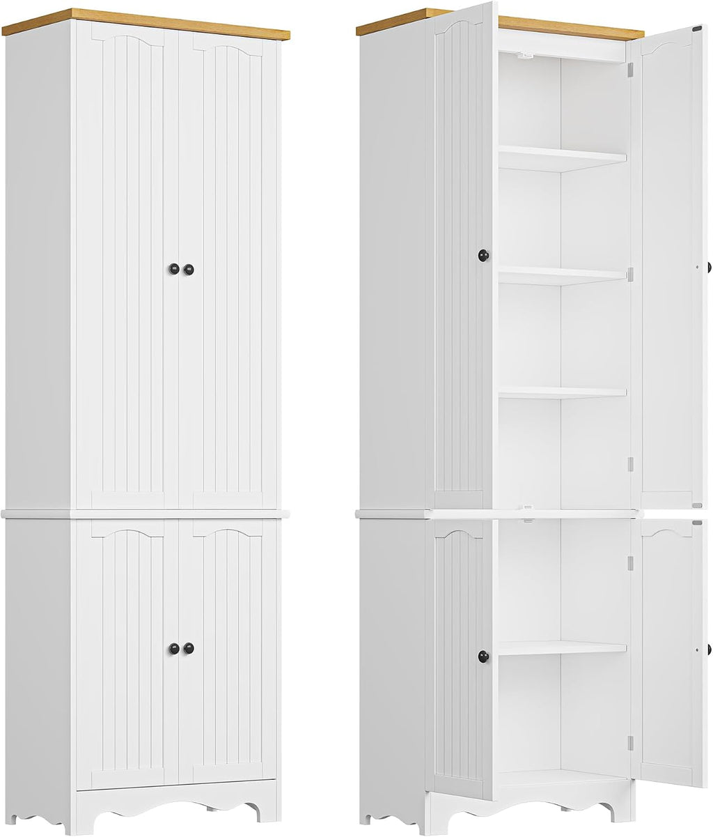 72'' Tall Kitchen Pantry Cabinet, Kitchen Storage Cabinets with 4 Doors and 5 Shelves, Wooden Food Pantry Farmhouse Cupboard Buffet for Dining Living Room, White