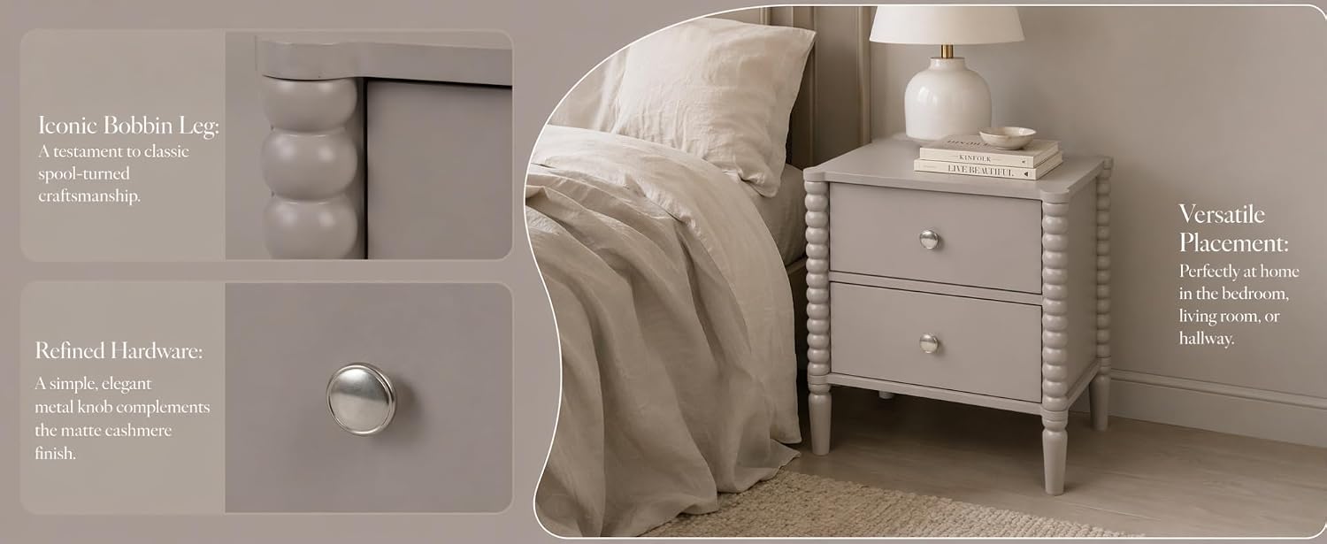 2-Drawer Nightstand, Modern Bedside Table with Silver Handles, 19.69" W × 15.75" D × 21.65" H, Kashmir MDF Cabinet with Wood Legs, End Table for Bedroom Living Room