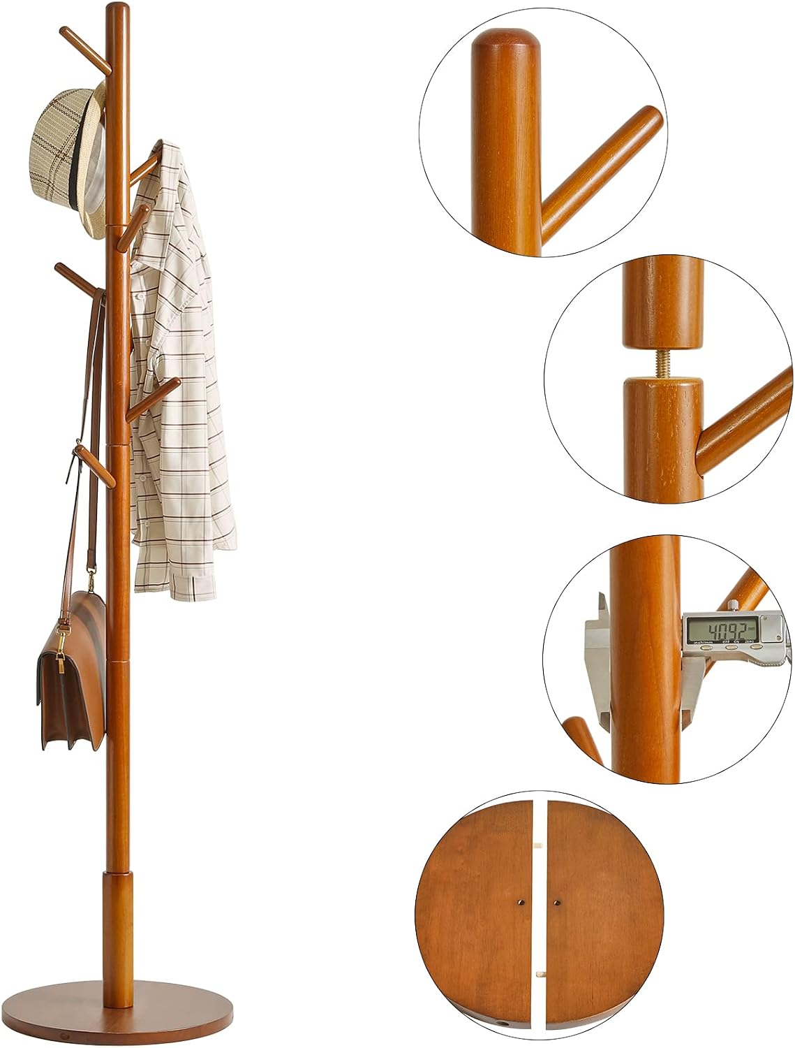 IBUYKE Wooden Coat Rack Freestanding,8 Hooks,3 Height Options,Brown WD-113 | Round Base Coat Hanger,Easy Assembly,Clothes Rack for Hallway Entryway Living Room Bedroom for Coats Hats Handbags