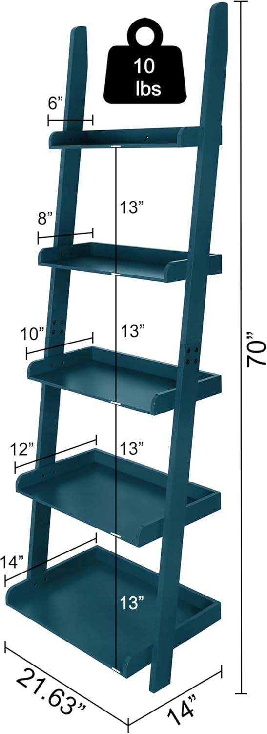 eHemco Modern 5 Tier Wall-Leaning Ladder Bookshelf Organizer, Storage Rack, 70 Inches, Blue