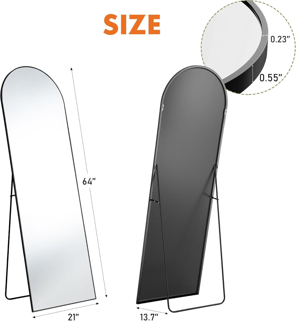 OLIXIS 64"x 21.5" Arched Mirror Full Length, Full Body Mirror with Stand, Hanging or Leaning for Wall, Floor Standing with Shatter-Proof Glass for Bedroom, Living Room, Long, Black