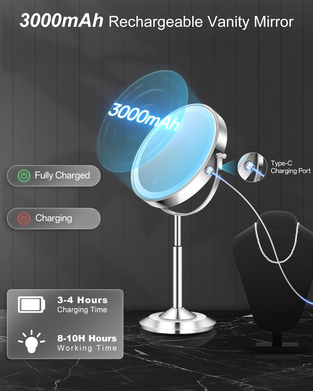 vpu Makeup Mirror with Lights, 1X/30X Lighted Magnifying Mirror Height Adjustable, 3000mAh Rechargeable Double Sided Vanity Mirrors with 3 LED Lighting and Adjustable Brightness for Desk Women Gift