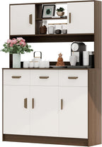Kitchen Pantry Storage Cabinet, Hutch Cabinet with Buffet Cupboard, Utility Pantry with Microwave Stand, Household Wall Tall Sideboard with 3 Drawers, 5 Doors Open Shelves for Kitchen, Dinin