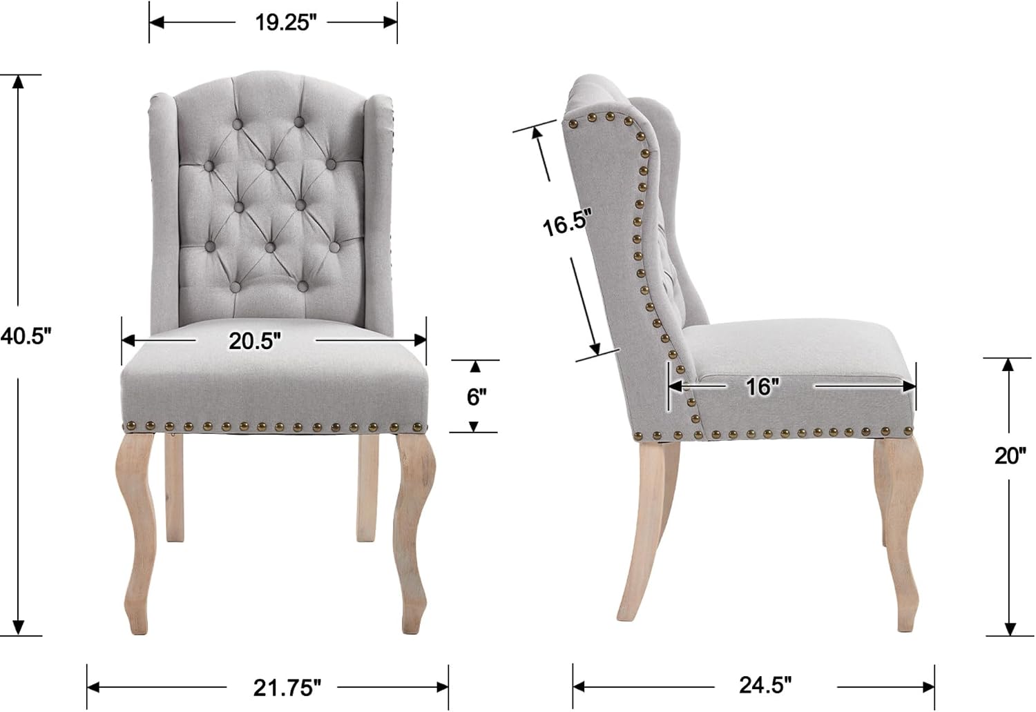Upholstered Dining Chairs Set of 2 for Kitchen and Dining Room Farmhouse Fabric Tufted Accent Chairs for Living Room and Bedroom with Wooden Legs, Grey