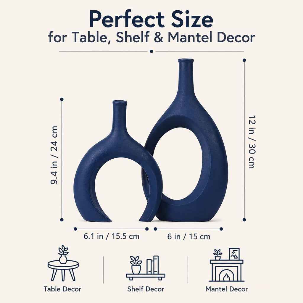 Navy Blue Unique Hollow Bud Vases Set of 2,Modern Snuggle and Huging Style Ceramic Vase for Pampas Grass,Living Room Decorations for Fireplace,Coffee Table Centerpiece,Mantle,Bookshelf Decor