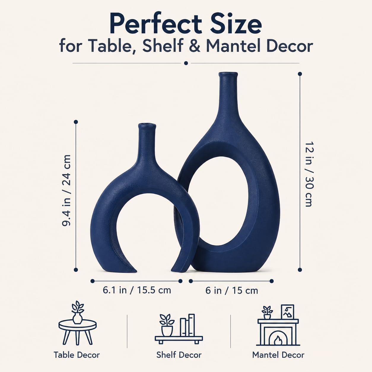 Navy Blue Unique Hollow Bud Vases Set of 2,Modern Snuggle and Huging Style Ceramic Vase for Pampas Grass,Living Room Decorations for Fireplace,Coffee Table Centerpiece,Mantle,Bookshelf Decor