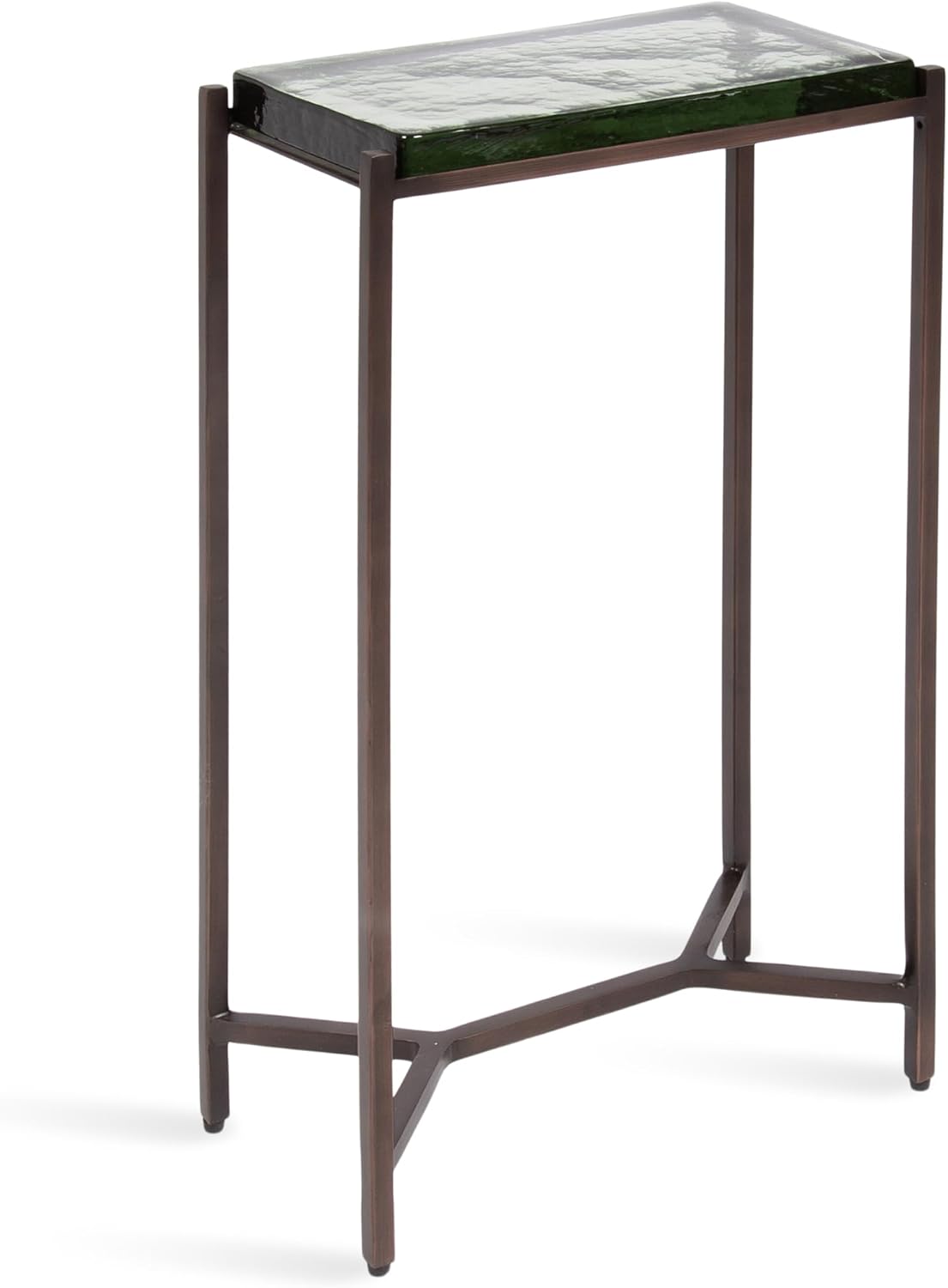 Kate and Laurel Aguilar Modern Glam Slim Side Table, 12 x 7 x 22, Green Glass and Bronze, Decorative Narrow End Table for Use as Skinny Bedroom Nightstand or Living Room Accent