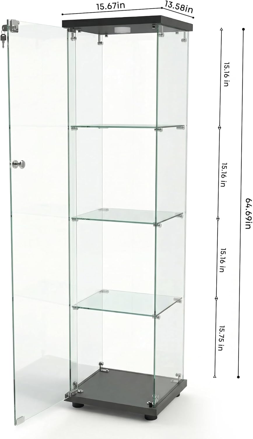 Display Cabinet with Glass Door and LED Light, 4-Shelf Glass Display Case, Curio Cabinet for Collectibles/Toys/Books,Black 64.6" H X 13.6" W X 15.7" L