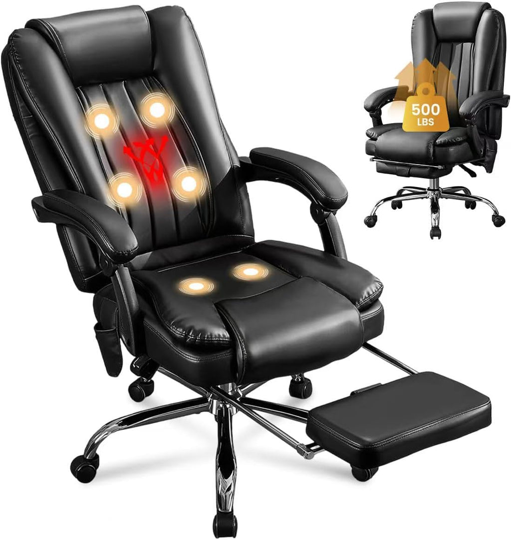 6 Points Vibration & Heat Massage Office Chair with Foot Rest,500lbs Big and Tall Office Chairs,Ergonomic Reclining Desk Chair for Home Office,Gaming