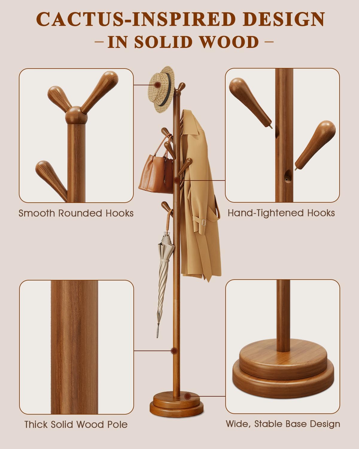 STARSAGA Solid Wood Coat Rack Freestanding Coat Tree with 8 Hooks | Adjustable Height Heavy Duty Coat Rack with Rounded Hooks & Dual-Layer Base, Holds Coats Hats Bags for Entryway, Bedroom