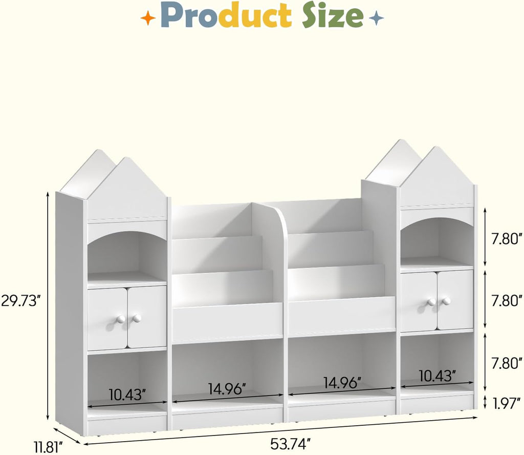 Halitaa Castle Shape Children's Bookshelf, Kids Bookcase Display Case Kids Toy Storage Organizer Multifunctional Storage Cabinet Bookshelf Suitable for Playroom, Children's Room, Living Room, White