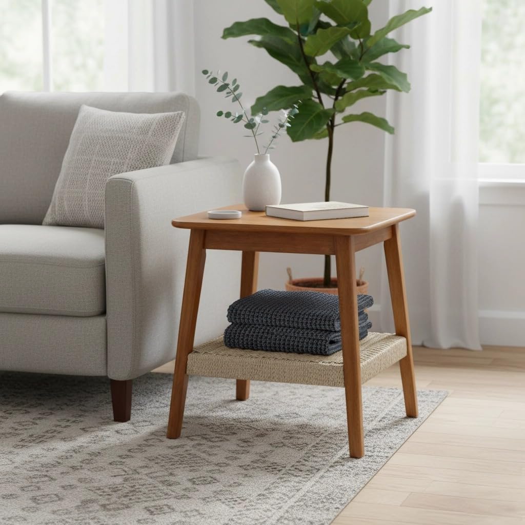 23" Mid-Century Side Table with Woven Shelf, Walnut Finish, Solid Wood and MDF, Storage Bedside Table for Living Room, Bedroom, Patio, Home Office