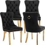 Luxury Upholstered Dining Chairs Set of 4, Black Kitchen Chair with Golden Metal Legs, Velvet Tufted Back Dining Chair, Sillas de Comedor, Modern Kitchen & Dining Room Chairs (Black, 4 Pcs)