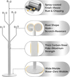 Coat Rack Freestanding Metal Coat Tree with 10 Hooks, White | Heavy Duty Standing Coat Rack, Stainless Steel Marble Base, Coat Hanger Stand for Bedroom Entryway Hallway, Hat, Bags