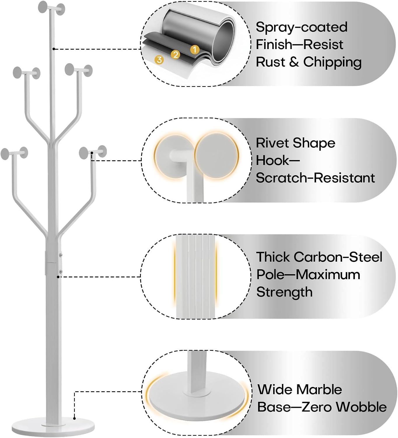 Coat Rack Freestanding Metal Coat Tree with 10 Hooks, White | Heavy Duty Standing Coat Rack, Stainless Steel Marble Base, Coat Hanger Stand for Bedroom Entryway Hallway, Hat, Bags