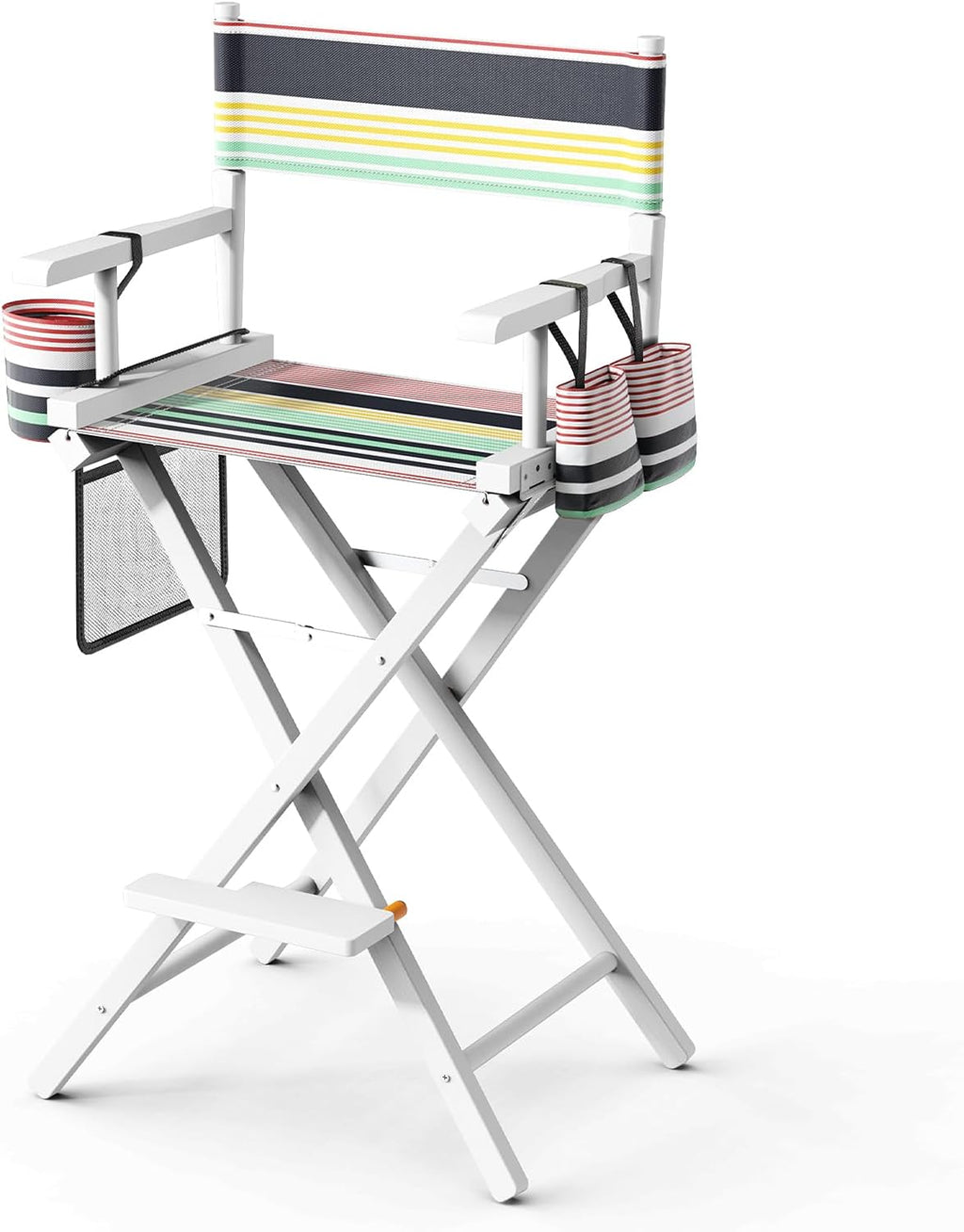 OmySalon Director's Chair 31" Height Folding Portable w/Storage Pouch & Footrest, Makeup Artist Chair for Salon, Events, Mobile, 250lb Capacity, White Wood Frame & Striped Canvas Seat