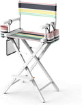 OmySalon Director's Chair 31" Height Folding Portable w/Storage Pouch & Footrest, Makeup Artist Chair for Salon, Events, Mobile, 250lb Capacity, White Wood Frame & Striped Canvas Seat