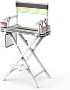 OmySalon Director's Chair 31" Height Folding Portable w/Storage Pouch & Footrest, Makeup Artist Chair for Salon, Events, Mobile, 250lb Capacity, White Wood Frame & Striped Canvas Seat