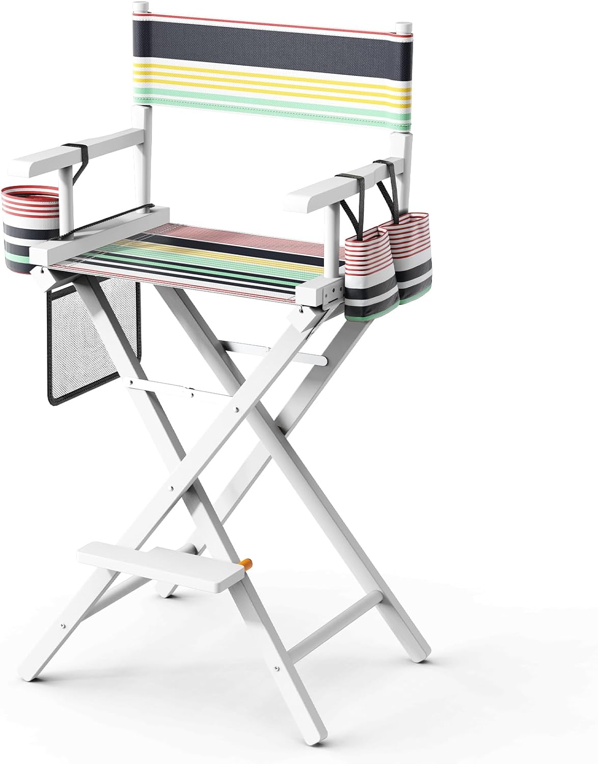 OmySalon Director's Chair 31" Height Folding Portable w/Storage Pouch & Footrest, Makeup Artist Chair for Salon, Events, Mobile, 250lb Capacity, White Wood Frame & Striped Canvas Seat