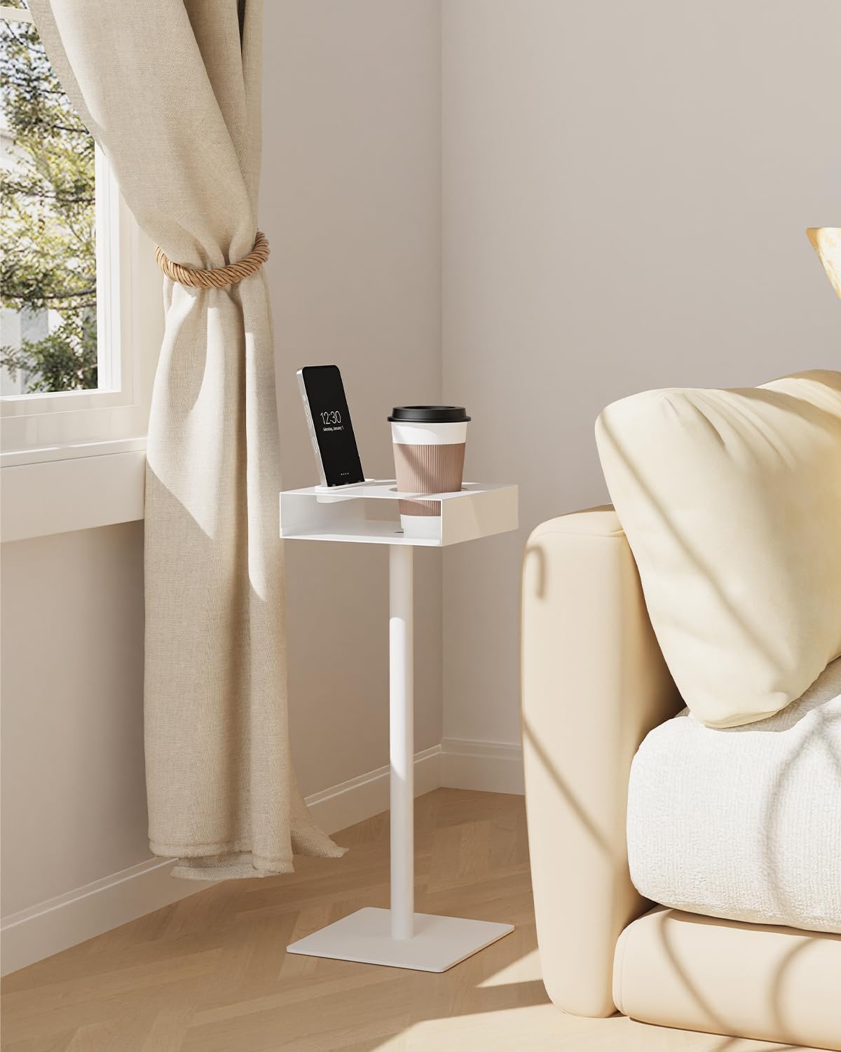 Yawinhe Small Metal Side Table,Versatile Coffee Drink Table with Weighted Base, End Table for Small Spaces with Phone Holder,Suitable for Living Room, Bedroom,7.8x7.8x21.6in,White,1 Pack,USZJ201W-1