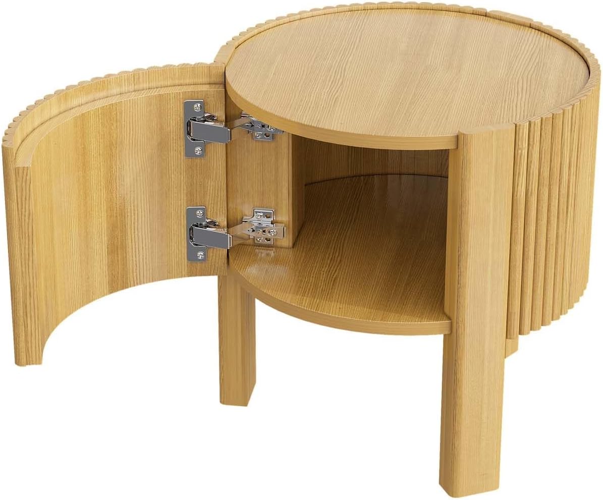 Natural Wood Round Fluted Side Table, Boho end Tables Living Room, Decorative Accent Table for entryway