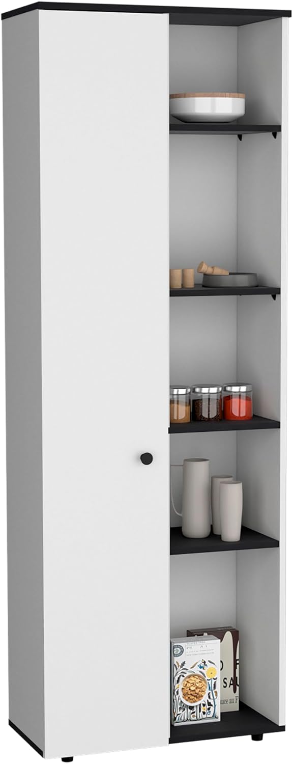 Compact 67" Kitchen Storage Cabinet, 10 Shelves, White & Black, Pantry Organizer