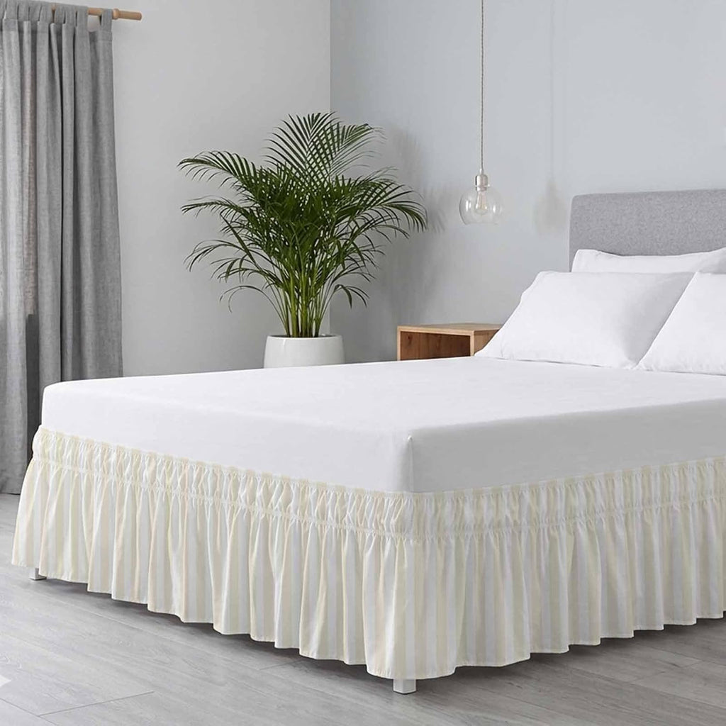 Cream Striped Bed Skirt King Size Bed Skirting 16 Inch Drop Adjustable Elastic Dust Ruffles Wrap Around Bedskirt Pleated Modern Farmhouse Cream White Stripes Bedding Frame Cover for King Size Dorm