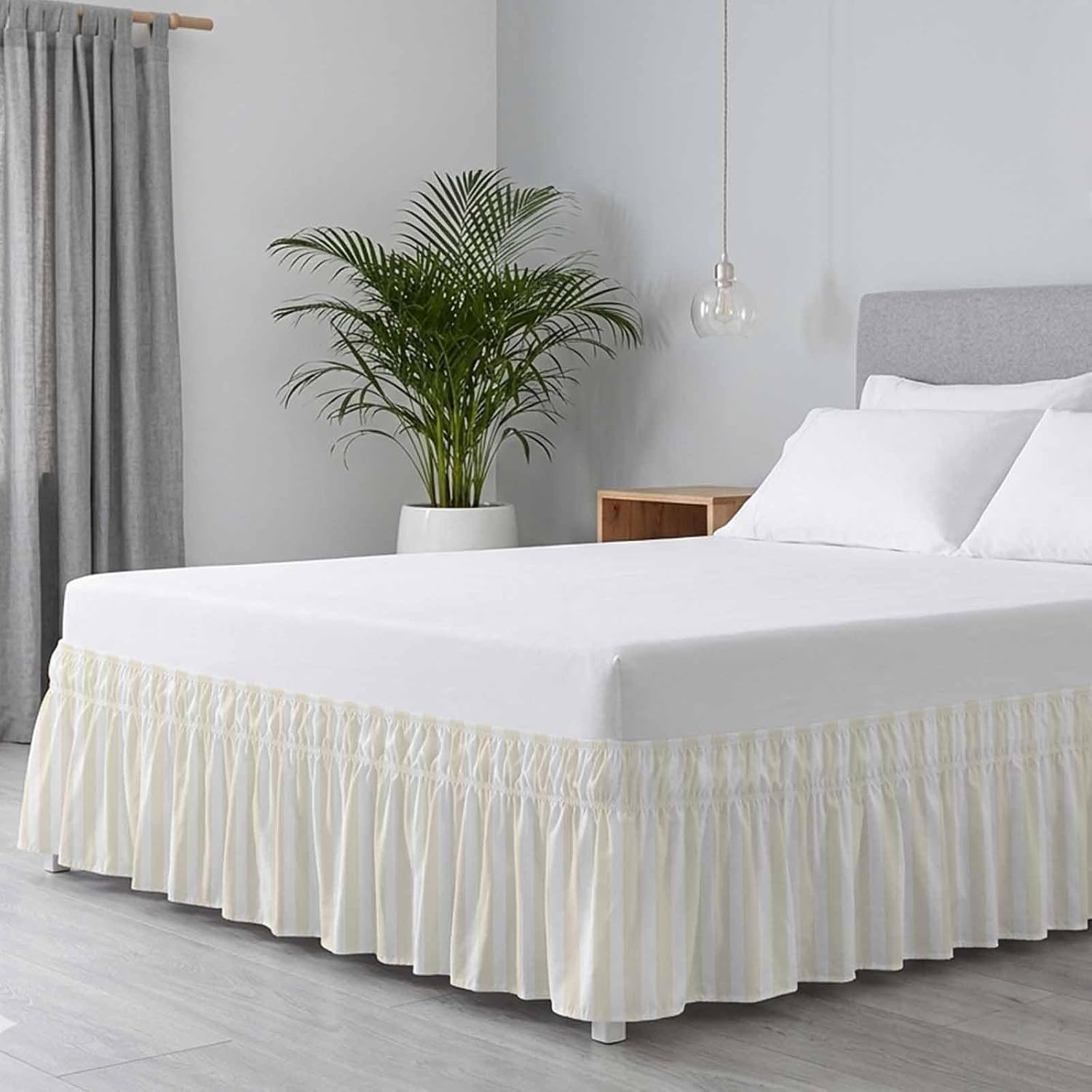 Cream Striped Bed Skirt King Size Bed Skirting 16 Inch Drop Adjustable Elastic Dust Ruffles Wrap Around Bedskirt Pleated Modern Farmhouse Cream White Stripes Bedding Frame Cover for King Size Dorm