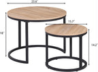 CENSI 24" Natural Oak Round Nesting Coffee Table Set of 2 | Accent Nesting End Table / Side Table, Space-Saving, Modern Industrial Style