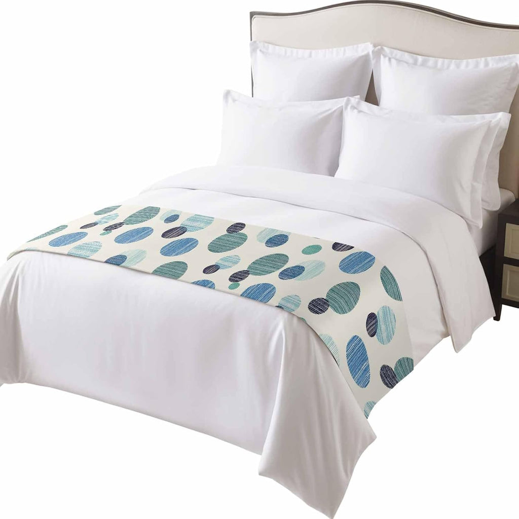 Abstract Geometric Bed Runner Bedding Decorative Scarf for Fits Cal King Bed, Farmhouse Vintage Polka Dot Teal Blue Luxury Fine Print Foot Throw with Satin for Hotels Homes, Guest Rooms, 102" x 20"
