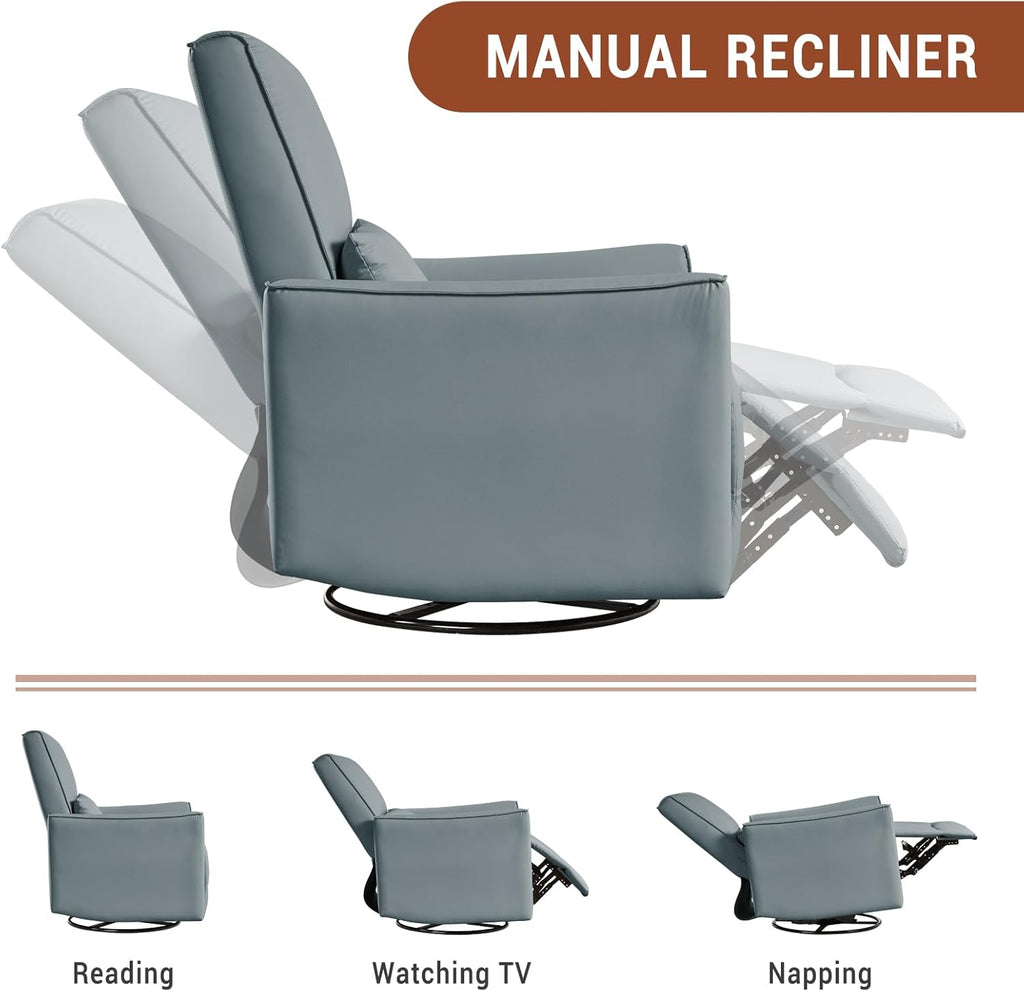 GarveeHome Swivel Rocking Recliner Chair, Upholstered Faux Leather Glider Recliner with Lumbar Support, high backrest & Padded armest, Manual Nursery Recliner for Living Room (Grey)