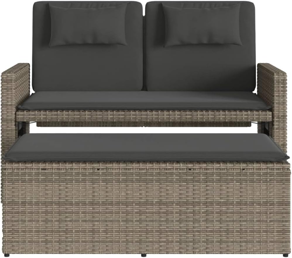 Garden Bench Grey PE Rattan, Powder-Coated Steel, Polyester Medium,Reclining Garden Bench with Adjustable Armrests | WeatherResistant Poly Rattan | Outdoor & Indoor Use Patio Furniture