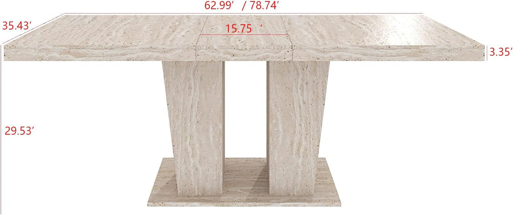 Extendable Dining Room Table for 6 8 10, 78.74" Modern Faux Travertine Wooden Long Large Rectangular Expanding Conference Kitchen Table with Dual Columns Base, White Oak