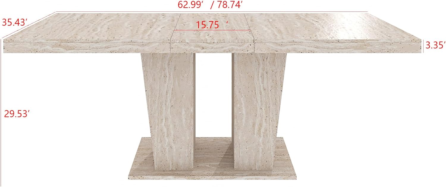 78.74" Rectangular Extendable Dining Room Table for 6 8 10, Modern Faux Travertine Farmhouse Wooden Kitchen Conference Expanding Table with Dual Columns Base, Long Large Expandable, White Oak