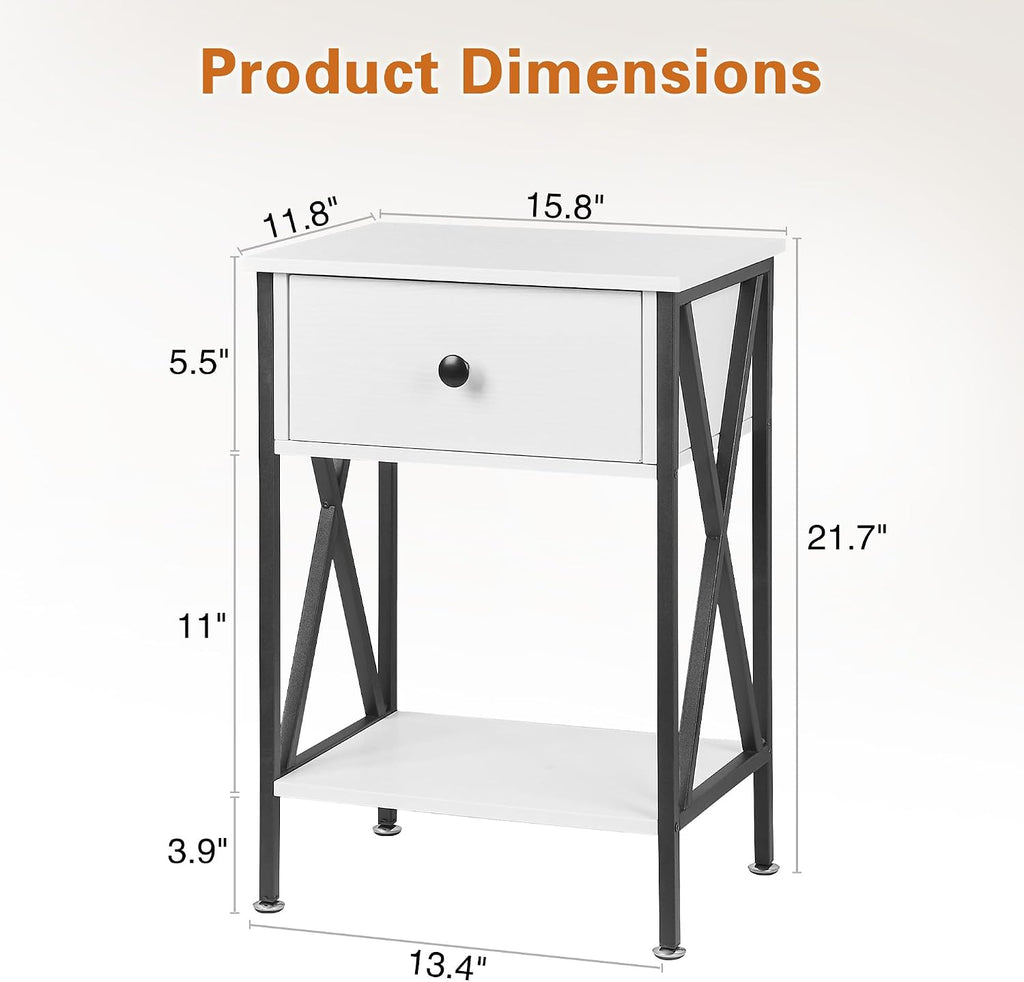 VECELO Nightstand,Modern Bedside End Table, Night Stand with Drawer and Storage Shelf for Living Room Bedroom, Industrial Metal Frame