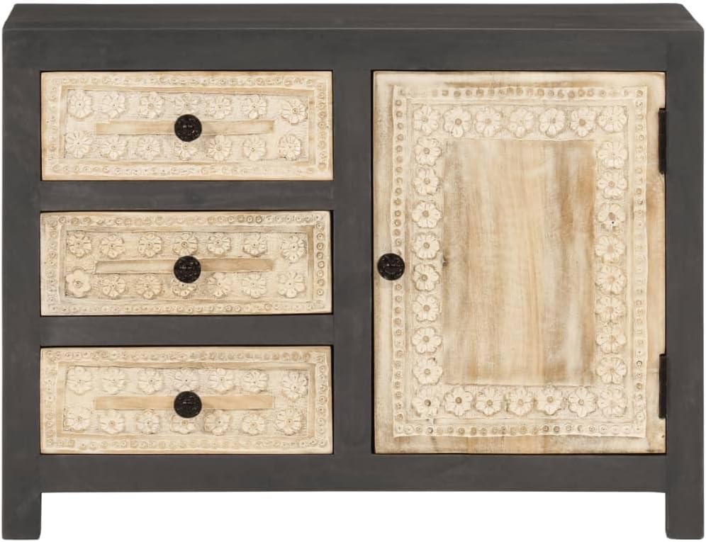 Modern Grey and White Sideboard with 4 Storage Compartments and 3 Soft-Close Drawers in Solid Mango Wood Rectangular Design for Dining Living Hallway Furniture Storage Cabinet