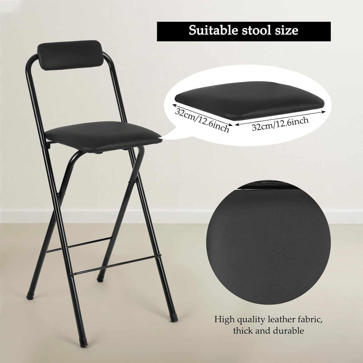 Thyle 1 Pcs Folding Bar Stool with Backrest, Tall Foldable Stool Chair Portable High Folding Bar Chair Counter Height Seat Leather Padded for Kitchen Island Shop Cafe Dining Room Black (29.5 Inch)