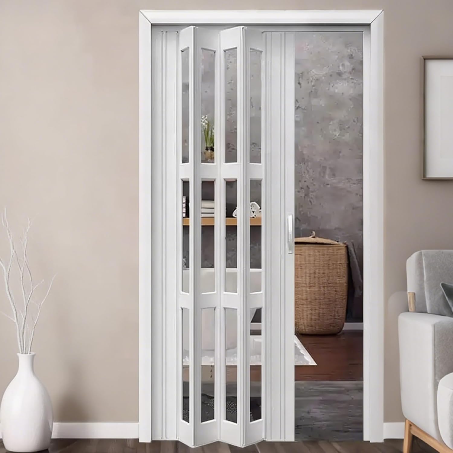 Sliding Accordion Doors with Handles & Acrylic Glass, PVC Waterproof Accordion Door, Double Walled Heavy Duty Doors Folding Double Doors for for Office Bathroom Room Divider, 46" Wx78 H